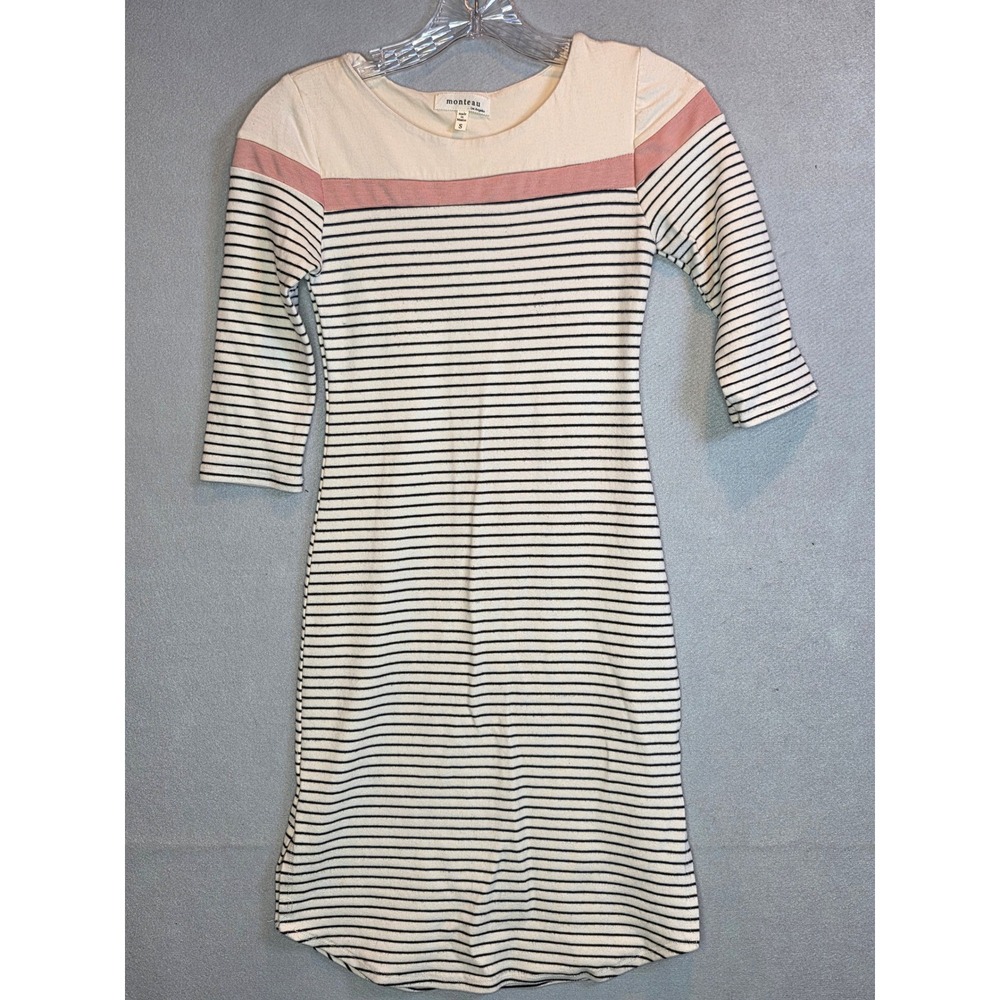 Monteau Los Angeles Striped Knit Dress Pink Colorblock 3/4 Sleeve Small 59006
